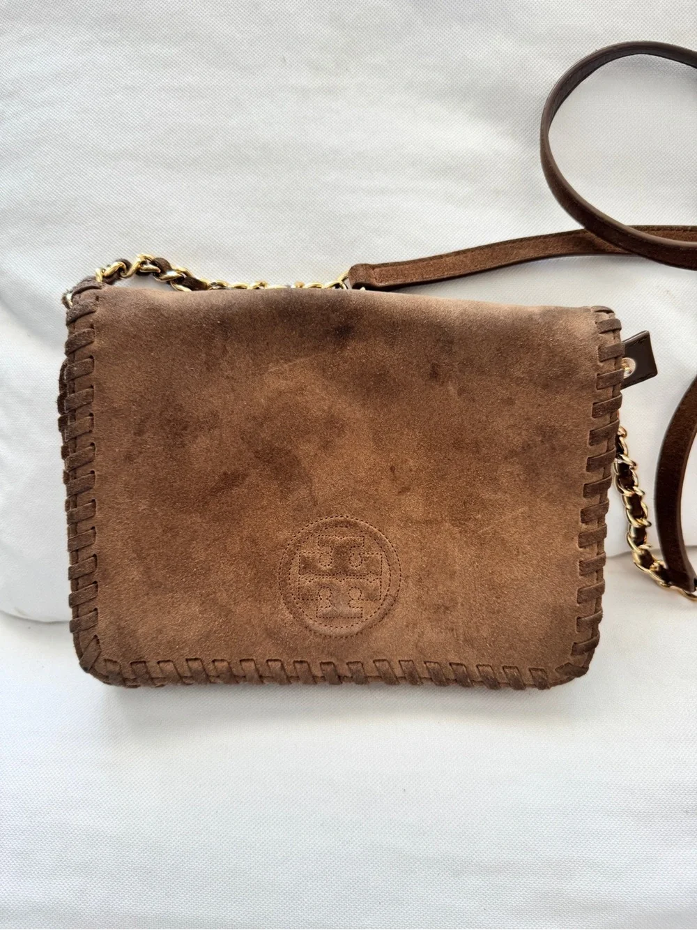 Tory Burch Brown Suede Whipstitch Crossbody with Chain Strap
